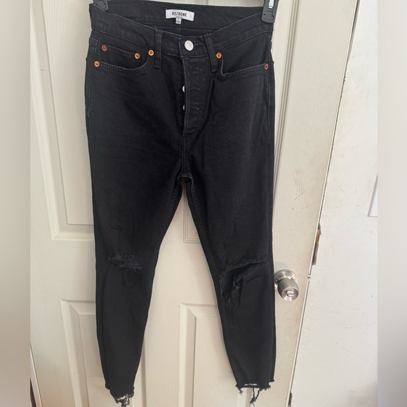 RE/DONE Jeans Womens Originals High Rise Loose Washed Black Rips Button Fly 27 - Picture 3 of 16